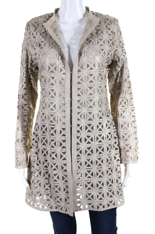 In Transit Womens Metallic Laser Cut Leather Mesh Hook & Eye Jacket Beige Medium One-Shoulder Jacket Off-the-Shoulder Jacket Asymmetrical Jacket