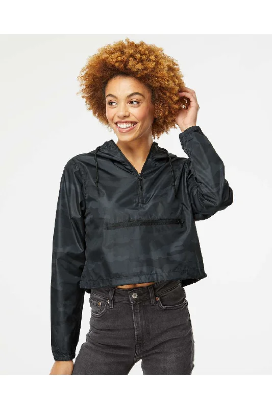 Independent Trading Co. Womens Water Resistant 1/4 Zip Crop Hooded Windbreaker Jacket - Black Camo - NEW Notch Collar Peter Pan Collar Cowl Neck Independent Trading Co. Womens Water Resistant 1/4 Zip Crop Hooded Windbreaker Jacket - Black Camo - NEW Notch Collar Peter Pan Collar Cowl Neck