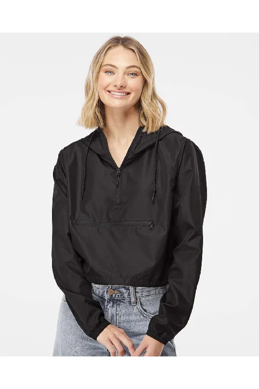 Independent Trading Co. Womens Water Resistant 1/4 Zip Crop Hooded Windbreaker Jacket - Black - NEW Denim Fabric Leather Fabric Suede Fabric Independent Trading Co. Womens Water Resistant 1/4 Zip Crop Hooded Windbreaker Jacket - Black - NEW Denim Fabric Leather Fabric Suede Fabric