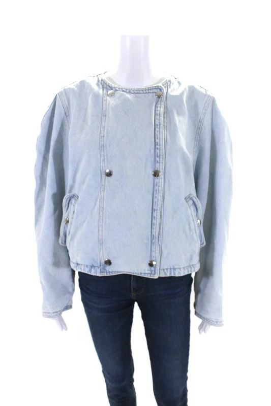 Isabel Marant Etoile Womens Blue Light Wash Double Breasted Denim Jacket Print Jacket Jacquard Jacket Patchwork Jacket