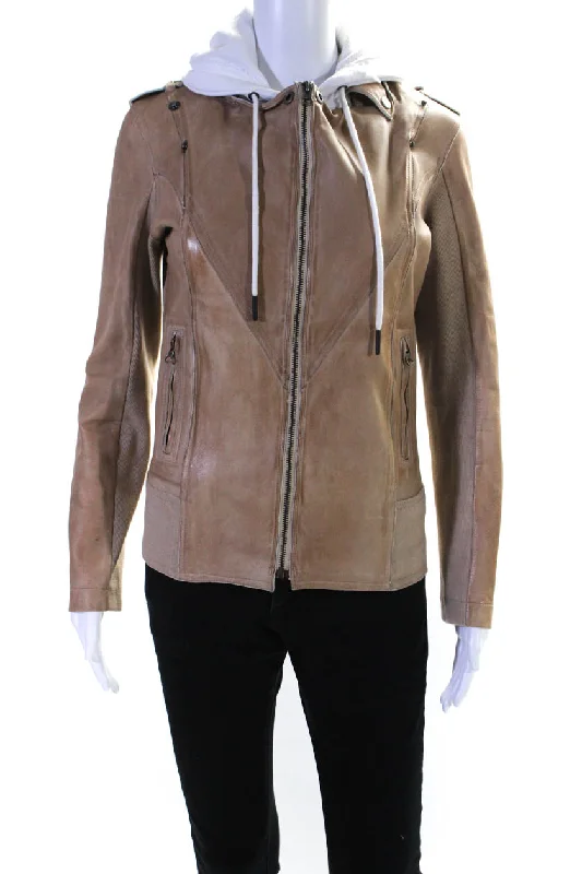 JKT Women's Hood Long Sleeves Full Zip Pockets Leather Jacket Beige Faux Fur Jacket Real Fur Jacket Shearling Jacket
