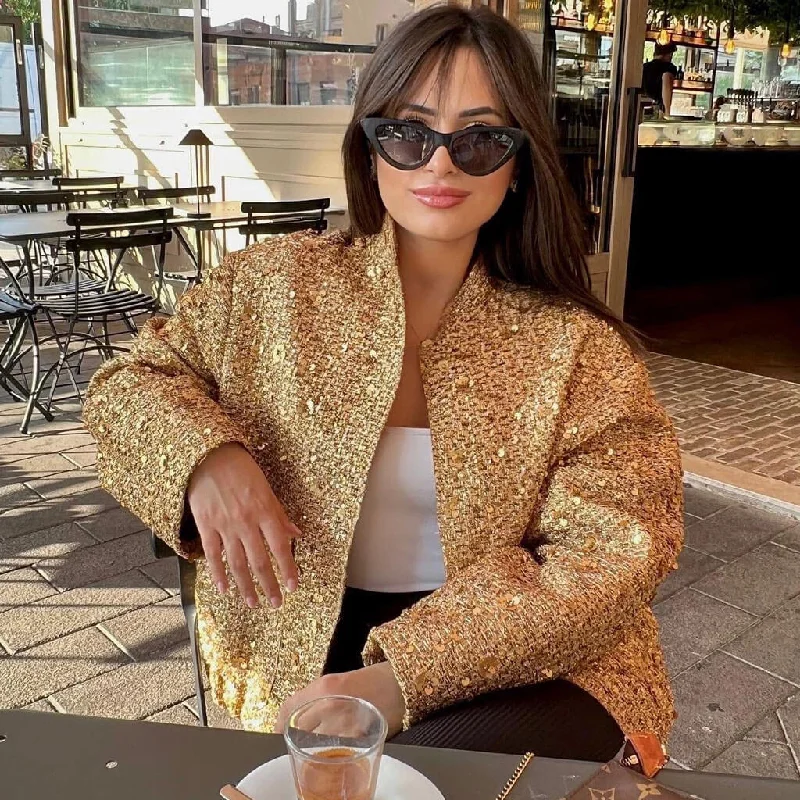Luminous Lurex Sequin Embellished High Neck Cargo Pocket Oversized Jacket Knit Jacket Woven Jacket Fleece Jacket