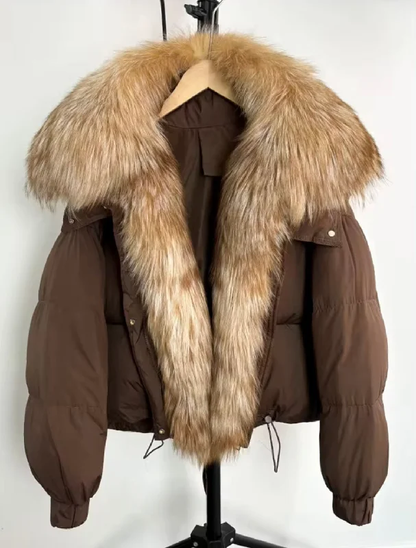Luxe Warmth: Women's Plus Size Down Jacket with Natural Fur A-Line Jacket Boat Neck Shawl Collar Luxe Warmth: Women's Plus Size Down Jacket with Natural Fur A-Line Jacket Boat Neck Shawl Collar