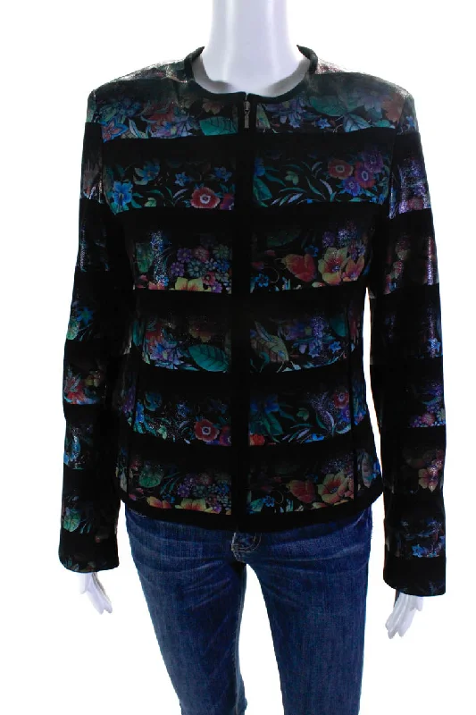 Natto Womens Shimmer Floral Suede Crew Neck Full Zip Jacket Black Multi Welt Pockets Slit Pockets Flap Pockets