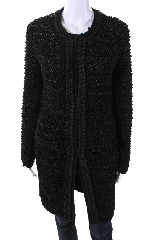 Nina Ricci Womens Button Front Crew Neck Knit Ribbon Ruffled Jacket Black Small Notch Collar Jacket Peter Pan Collar Jacket Cowl Neck Jacket