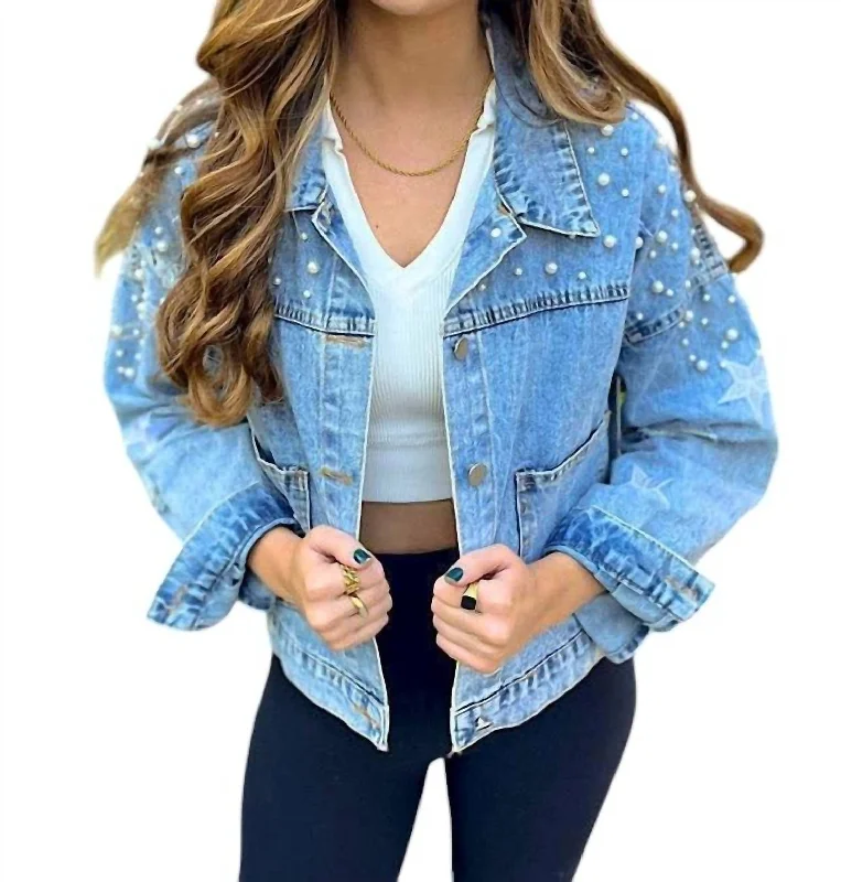 Pearl Studded Denim Jacket In Light Wash Mesh Jacket Canvas Jacket Denim Jacket