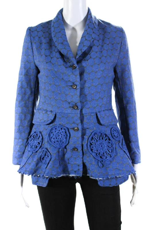 Phos Phoro Womens Peplum Jacket with Crochet Applique  Blue Front Pockets Side Pockets Patch Pockets