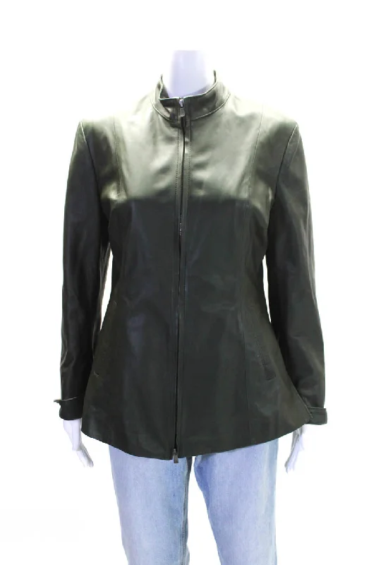 Punto Pelle Roma Womens Long Sleeves Full Zip Pockets Leather Jacket Green Chenille Fabric Brocade Fabric Lace Fabric Punto Pelle Roma Womens Long Sleeves Full Zip Pockets Leather Jacket Green Chenille Fabric Brocade Fabric Lace Fabric