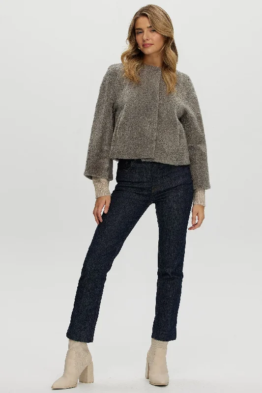 Reversible Collarless New Zealand Shearling Lamb Jacket with 3/4 Sleeves Knit Fabric Woven Fabric Fleece Fabric