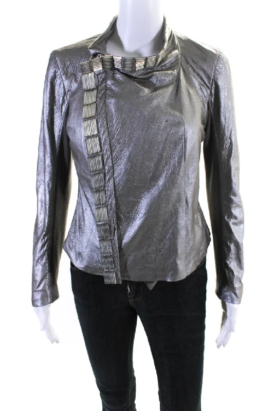 Rick Owens Womens Embroidered Beaded Long Sleeve Zip Metallic Jacket Gray Herringbone Jacket Houndstooth Jacket Plaid Jacket