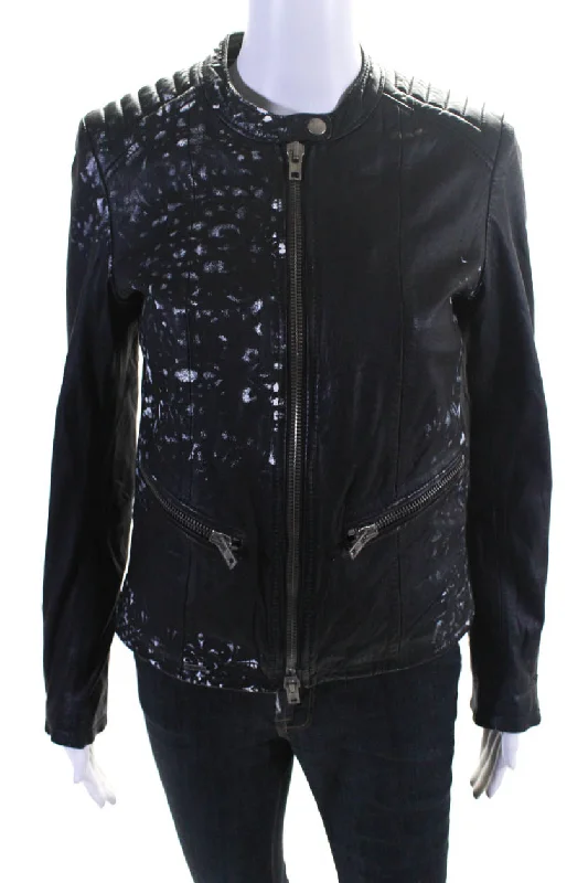 S.W.O.R.D Womens Front Zip Paint Splatter Leather Jacket Black White Trench Coat Raincoat Waterproof Jacket