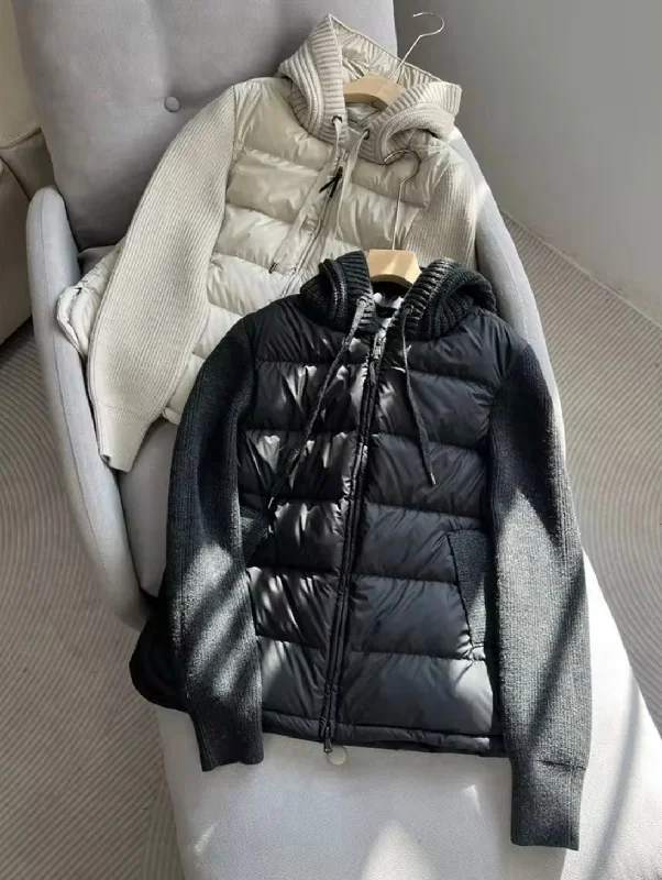 Ultimate Warmth: Women's Duck Down Jacket with Knitted Hood and Sleeves Rayon Jacket Velvet Jacket Corduroy Jacket