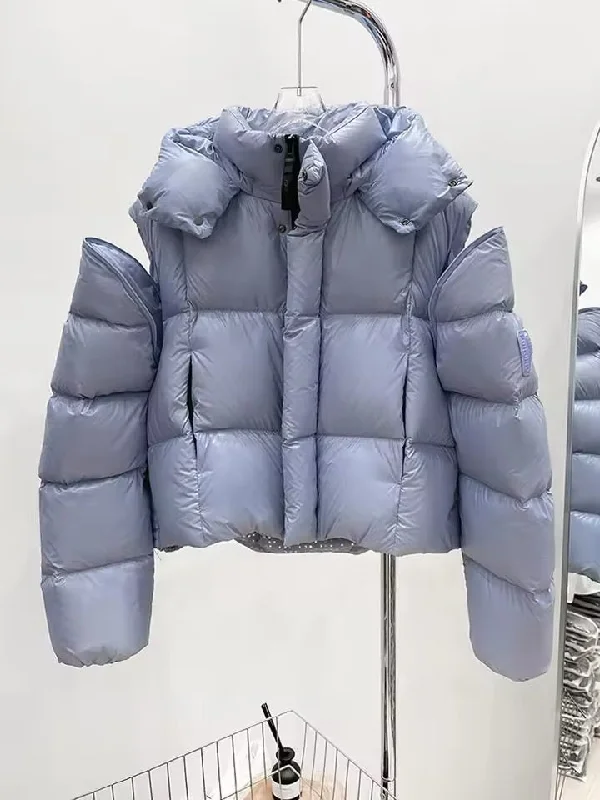 Versatile Women's Duck Down Jacket with Removable Sleeves and Hood Zippered Jacket Buttoned Jacket Snapped Jacket