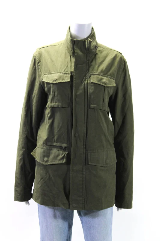 Vince Womens Full Zipper Mock Neck Cargo Jacket Green Snapped Jacket Toggled Jacket Drawstring Jacket