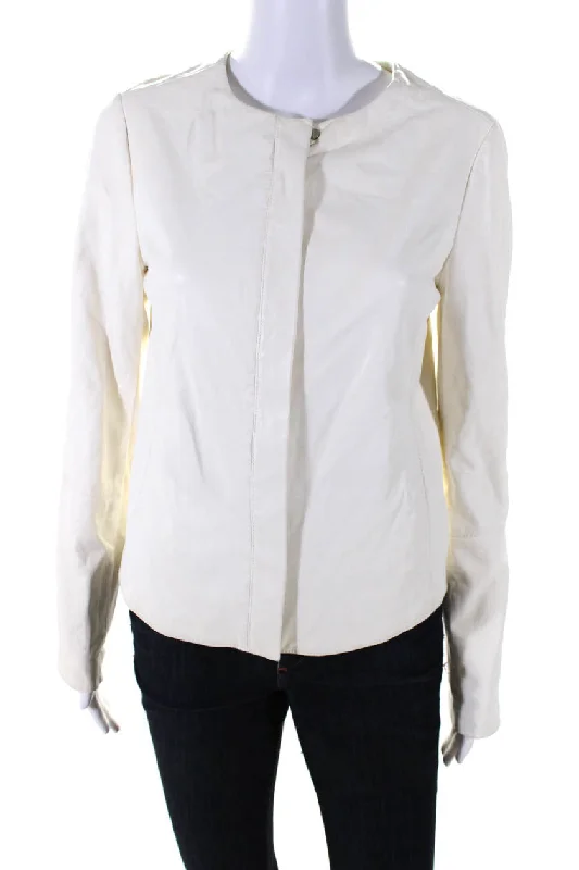 Vince Womens Leather Full Zipper Light Jacket White Embroidered Jacket Appliqued Jacket Beaded Jacket