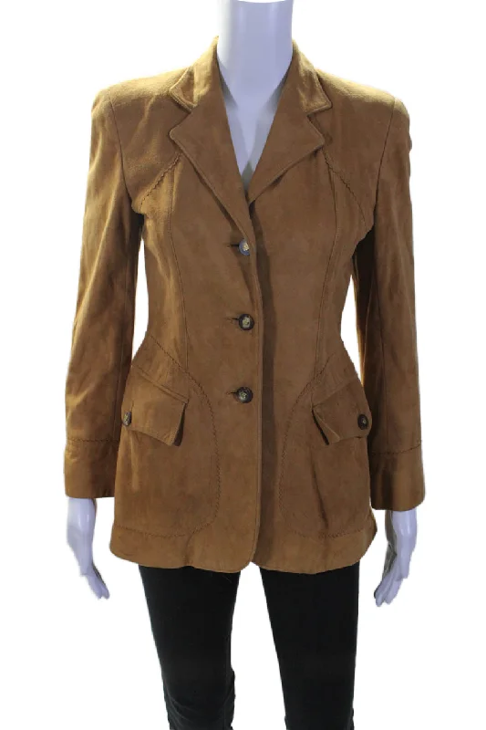 Wathne Womens Button Down Collared Long Sleeve Jacket Suede Beige 2 V-Neck Jacket Boat Neck Jacket Square Neck Jacket