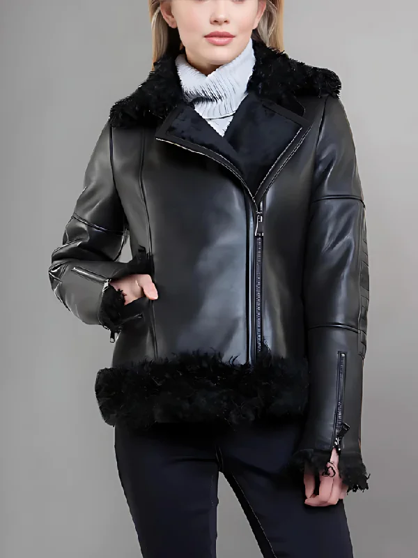 Women’s Black Leather Black Shearling Big Collared Jacket Stand-Up Collar Roll-Neck Collar Turtle Neck