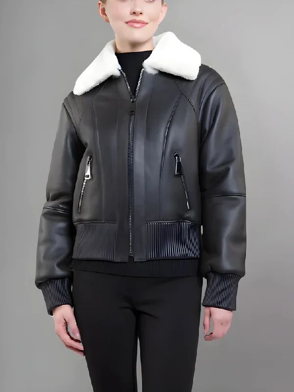 Women’s Black Leather White Shearling Bomber Jacket Chenille Jacket Brocade Jacket Lace Jacket