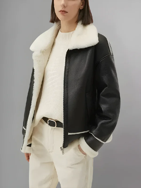 Women’s Black Leather White Shearling Collar Fur Jacket Snapped Jacket Toggled Jacket Drawstring Jacket Women’s Black Leather White Shearling Collar Fur Jacket Snapped Jacket Toggled Jacket Drawstring Jacket
