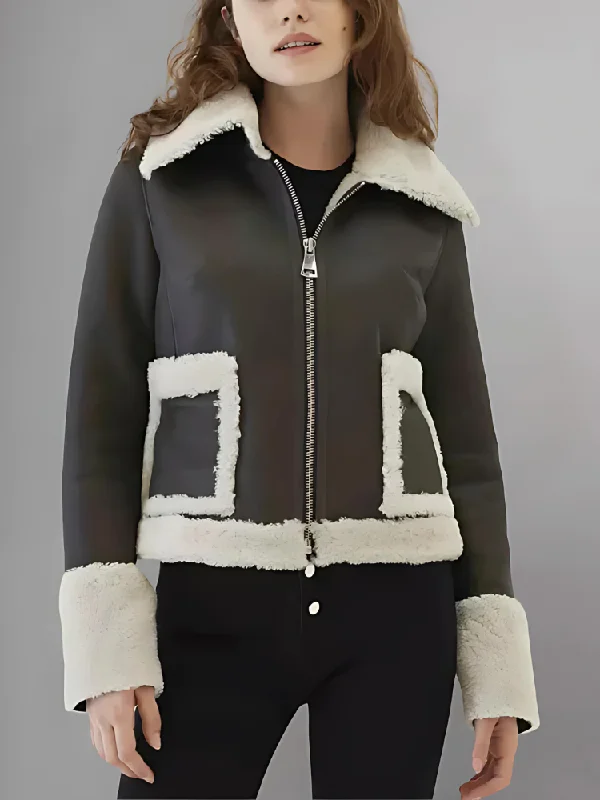Women’s Black Leather White Shearling Fur Collar Jacket Boat Neck Shawl Collar Notched Collar