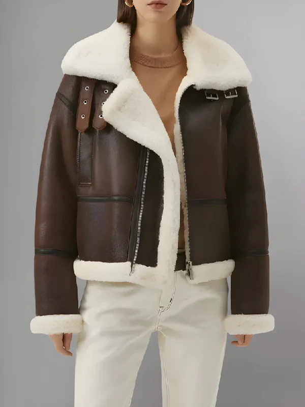 Women’s Chocolate Brown Leather Shearling Aviator Jacket Front Pockets Side Pockets Patch Pockets