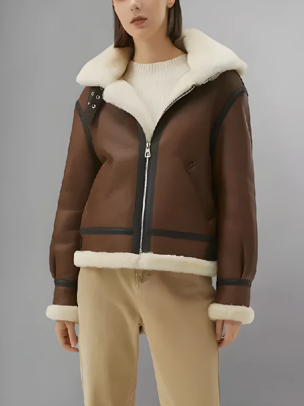 Women’s Chocolate Brown Leather Shearling Jacket With Removable Hood Hooded Jacket Caped Jacket Shawl Collar Jacket