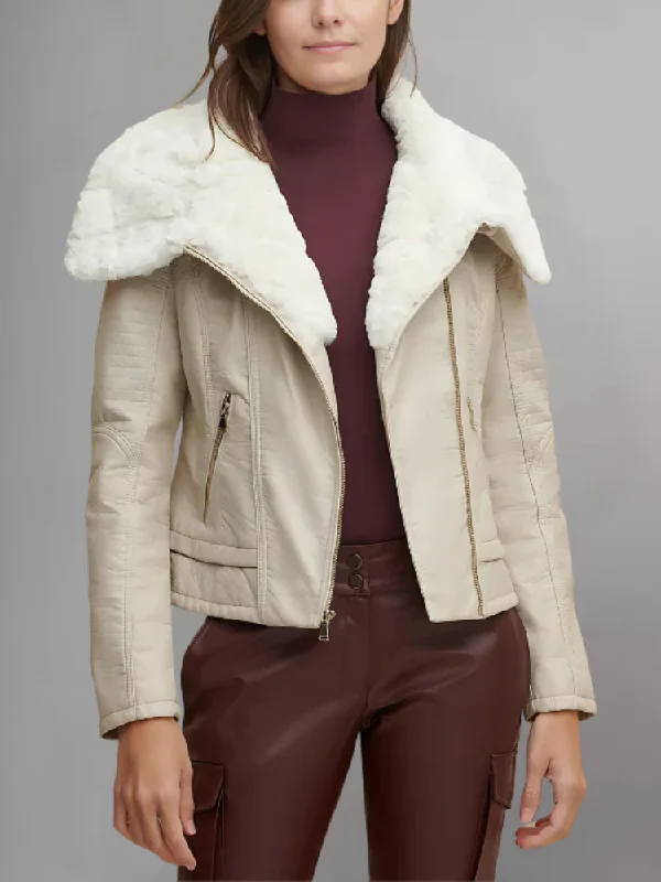 Women’s Cream Beige Leather White Shearling Big Collared Jacket Plaid Jacket Tartan Jacket Houndstooth Jacket