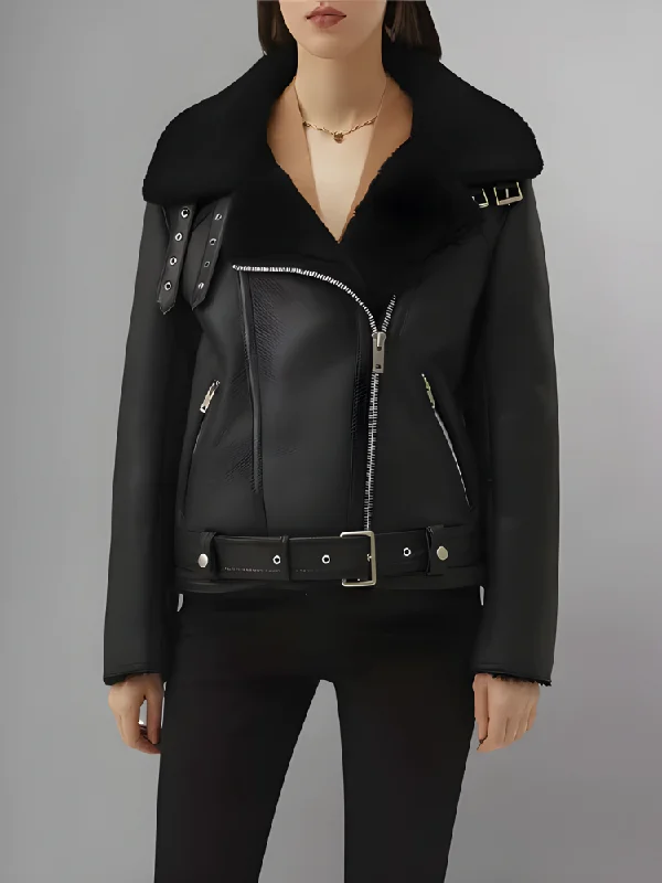 Women’s Matte Black Leather Black Shearling Coat Aviator Jacket Rayon Fabric Velvet Fabric Corduroy Fabric