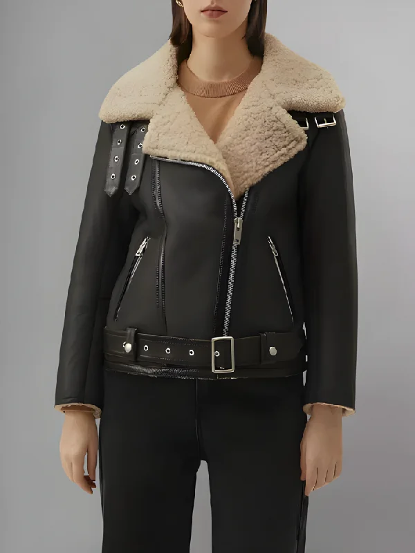 Women’s Matte Black Leather Brown Shearling Coat Aviator Jacket A-Line Jacket Boat Neck Shawl Collar