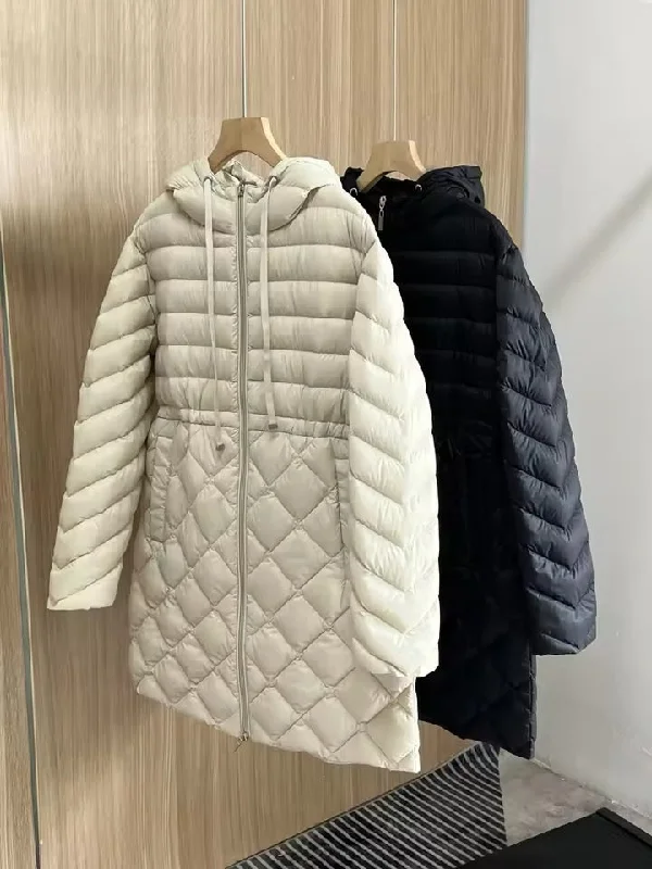 Women's Long Hooded Duck Down Jacket - Ultimate Warmth and Style Striped Jacket Polka Dot Jacket Floral Jacket