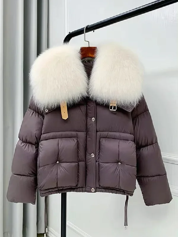 Women's Plus Size Down Jacket with Real Fur Snapped Jacket Toggled Jacket Drawstring Jacket