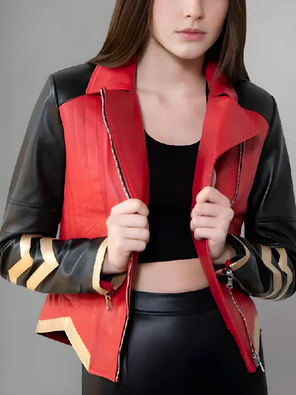 Womens Warrior Red Leather Jacket Print Jacket Jacquard Jacket Patchwork Jacket