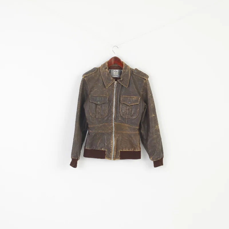 Zoomp Women M (S) Jacket Brown  Leather Vintage Biker Full Zipper Pilot Top Insulated Jacket Fitted Jacket Loose Jacket