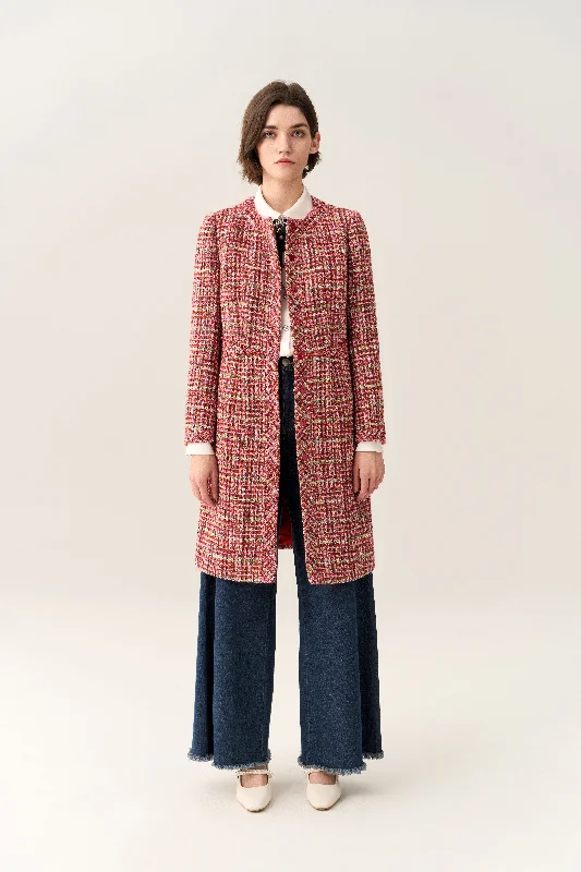 Bead-detail Concealed-fastening Midi Coat Fuzzy Sherpa Pullover