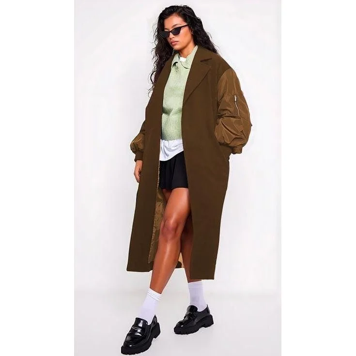 Bomber Sleeve Faux Wool Belted Coat Cropped Fleece Jacket