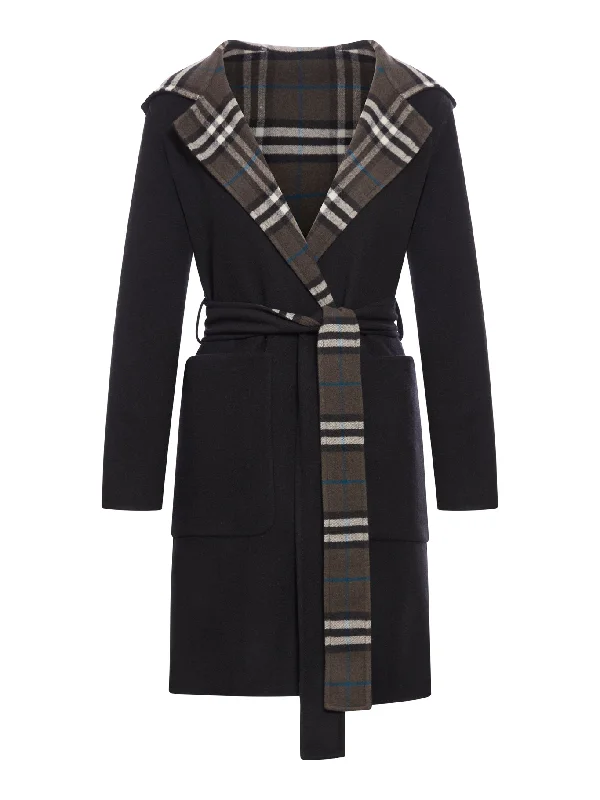Medium Reversible Wool Check Car Coat Long Hooded Anorak