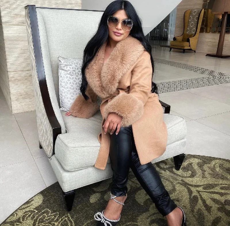 Camel Cashmere Faux Fur Coat Puff Sleeve Overcoat