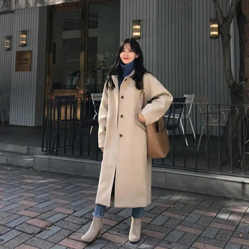 College Style Long New Woolen Coat Women Button-Up Cardigan Coat