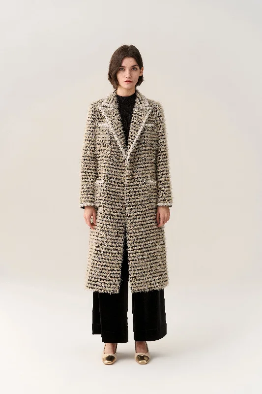 Double-breasted Frayed-detail Lapel Tweed Coat Soft Cashmere Wrap