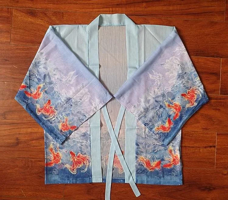 (BFM)EdenLost~Lotus Fish~Wa Lolita Straight Sleeve Lolita Blue Coat Luxe Satin Long Coat