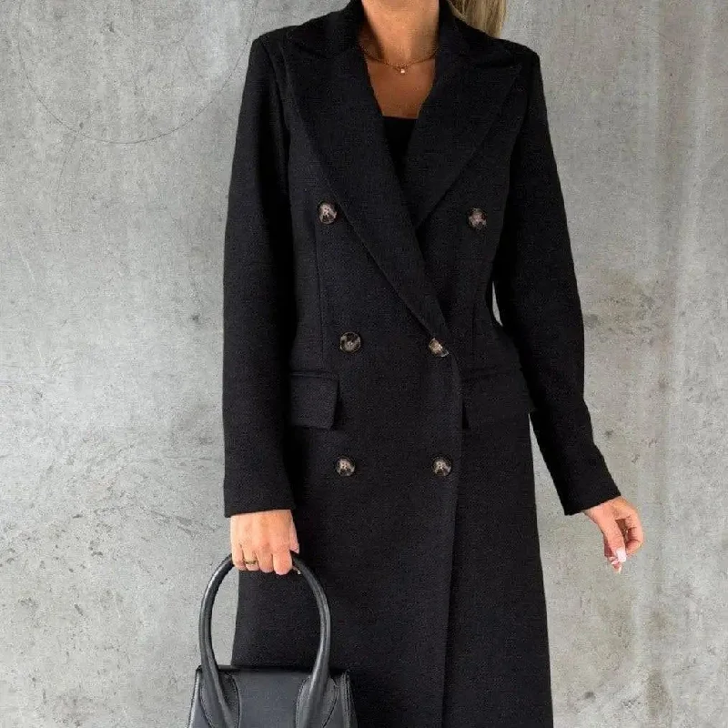 Long Sleeve Lapel Solid Double Breasted Slim Coat Coat Draped Longline Jacket
