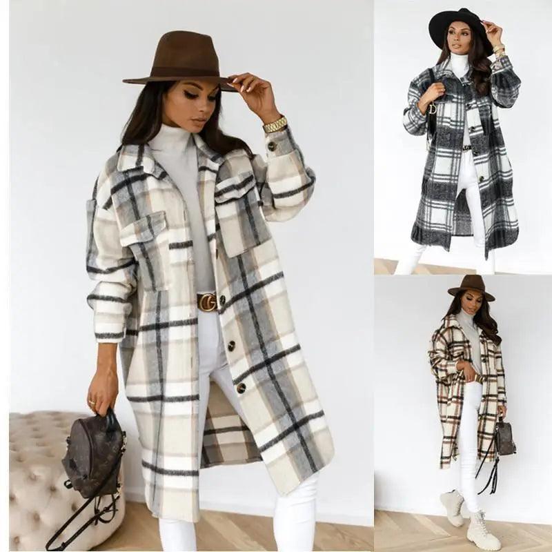 Button lapel casual warm plaid long woolen coat Sleeveless Puffer Vest