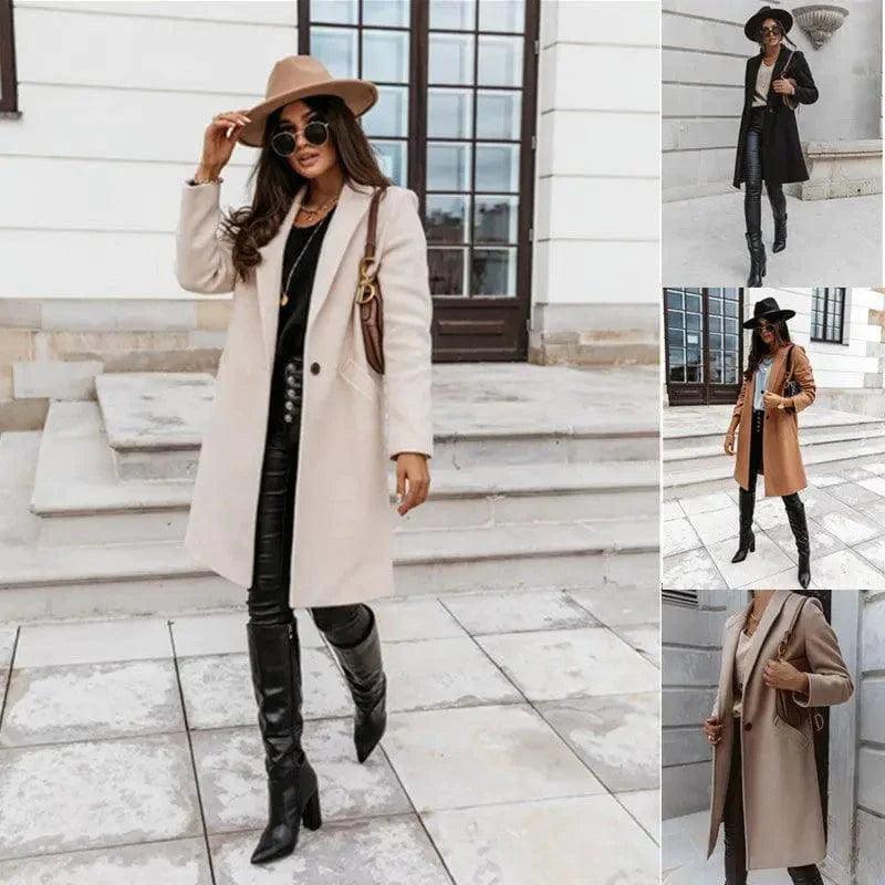Chic Lapel Mid-Length Button Wool Coat Sleek Leather Jacket