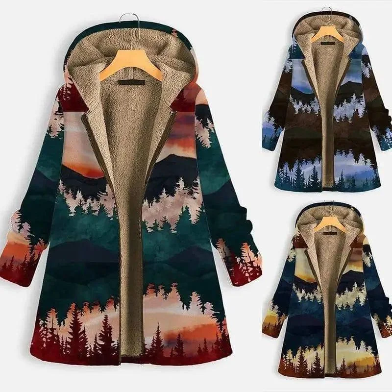 Landscape print long sleeve hooded zipper coat Pastel Wool Peacoat