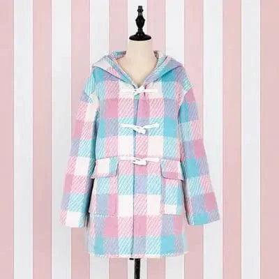Pink Blue Plaid Checks Lolita Coat Japanese Womens' JK Horn Zipper Front Biker Jacket