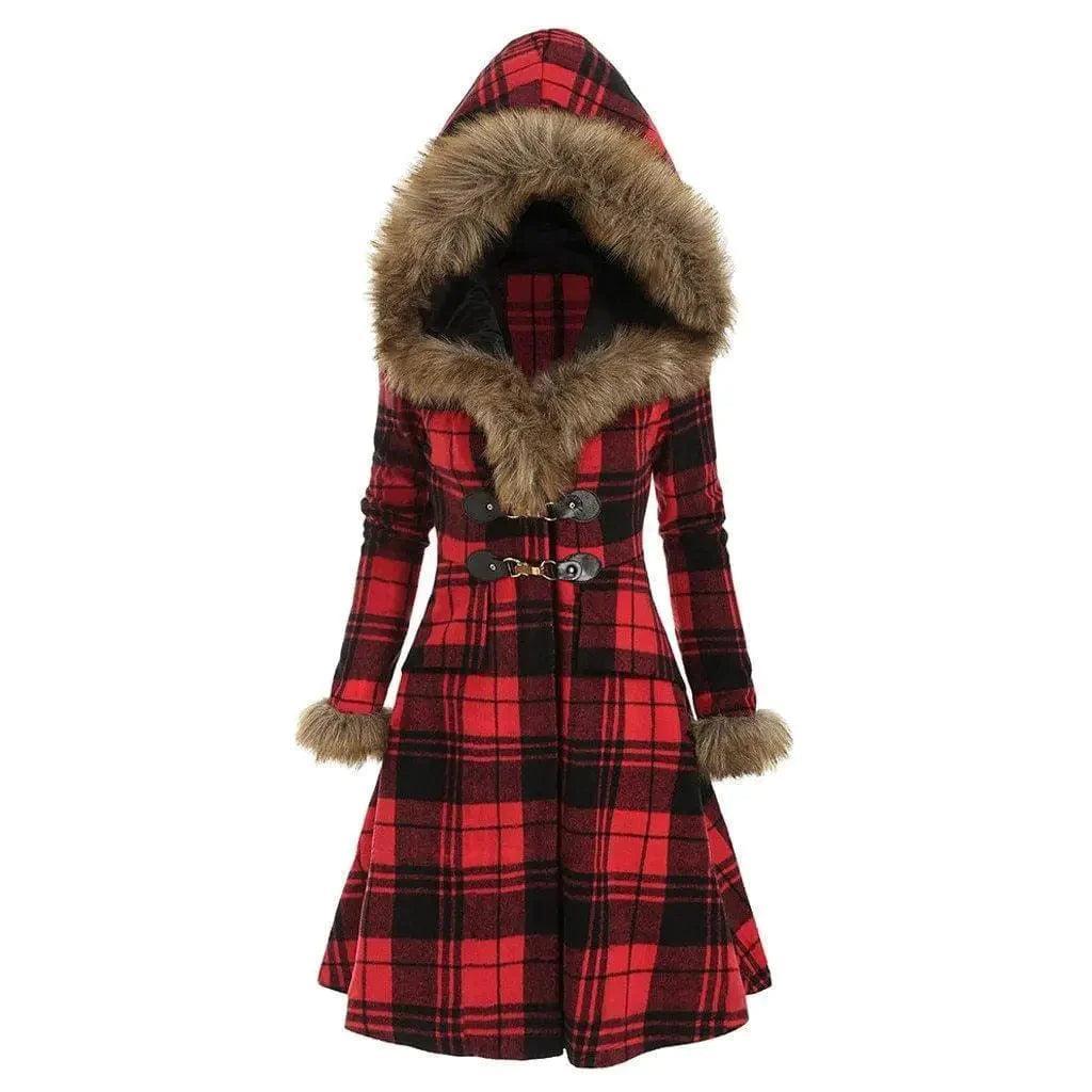 Plaid fur collar coat Warm Hooded Poncho