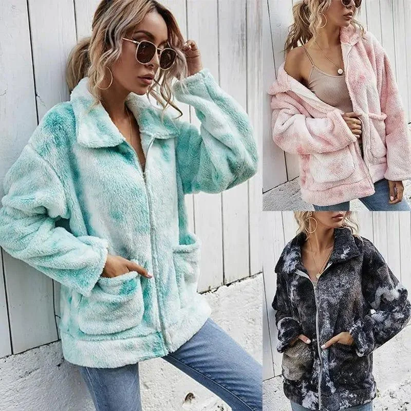 Tie dyed Plush zipper loose coat Polished Tailored Coat