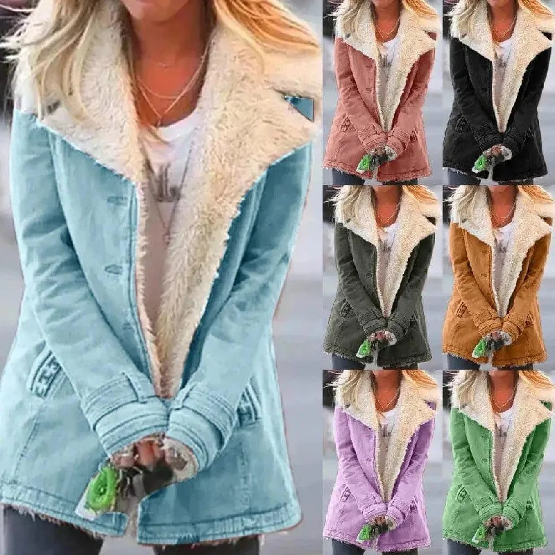 Women Plus Size Warm Coats Composite Plush Button Lapels Vegan Leather Trench