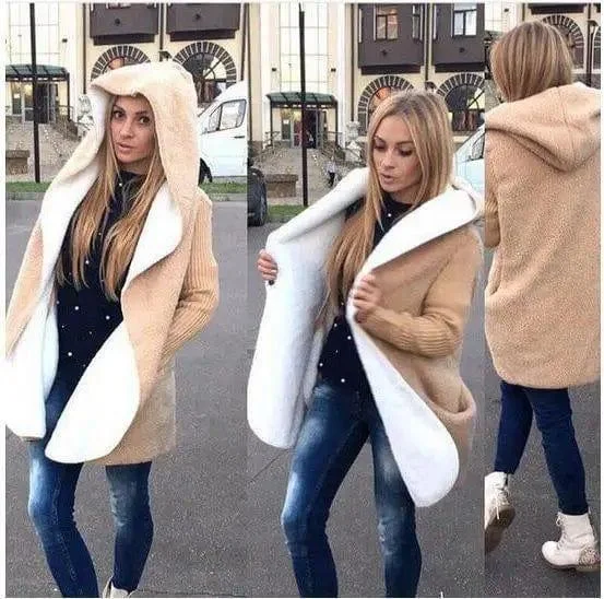 Wool stitching hooded lamb cashmere coat Drape Front Waterfall Coat