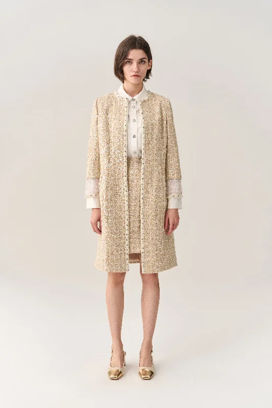Organza Cuff Slit Detail Tweed Maxi Coat Double-Layered Poncho